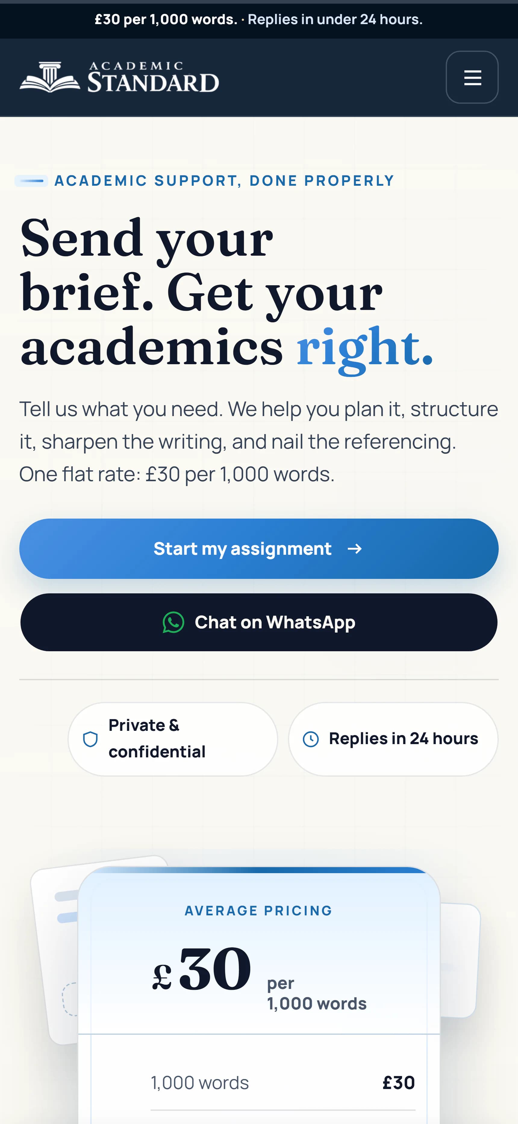 Academic Standard bright homepage at the mobile reference viewport.