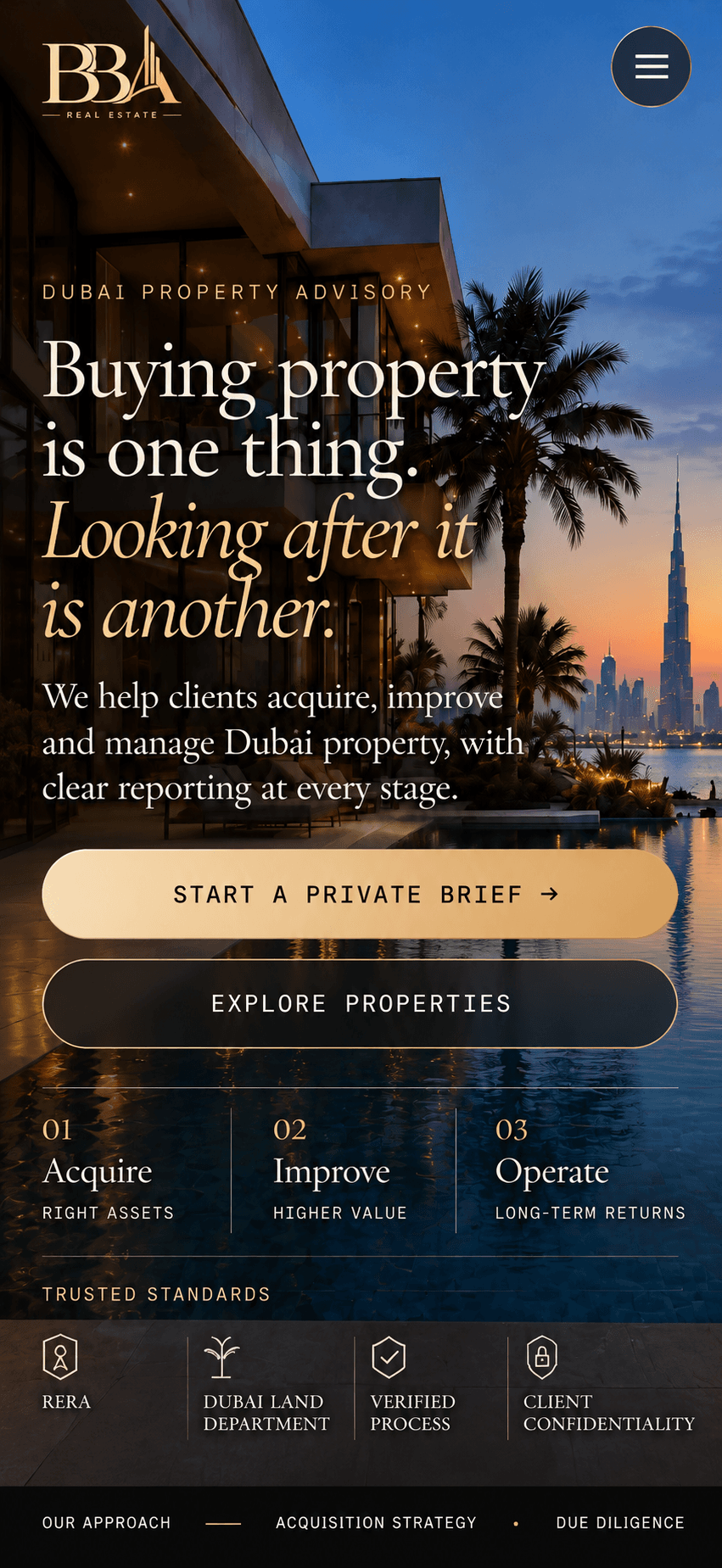 BBA Real Estate homepage at the mobile reference viewport.