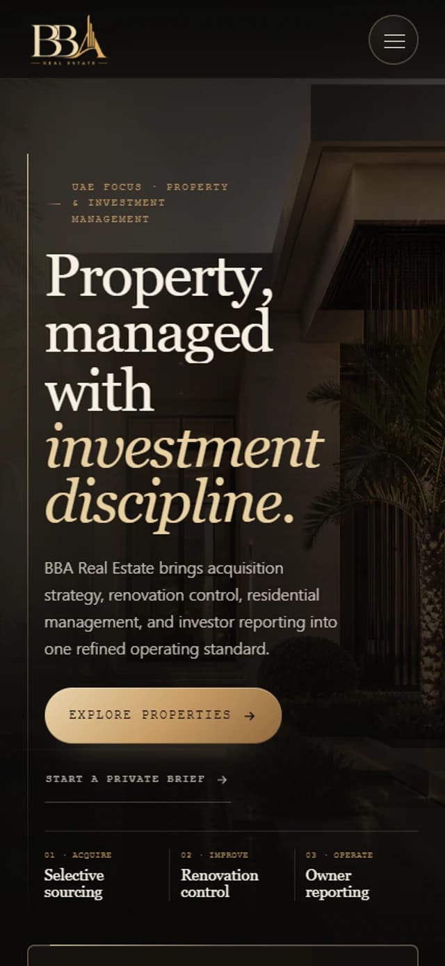 BBA Real Estate homepage at the mobile reference viewport.