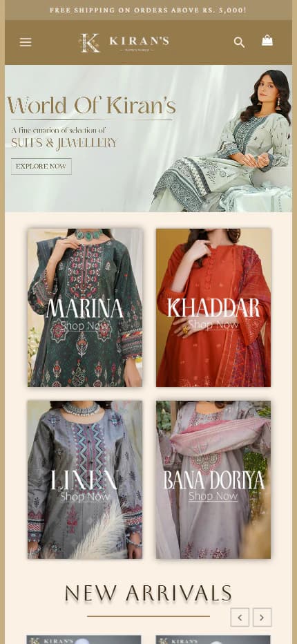 Kiran’s Women World storefront at the mobile reference viewport.