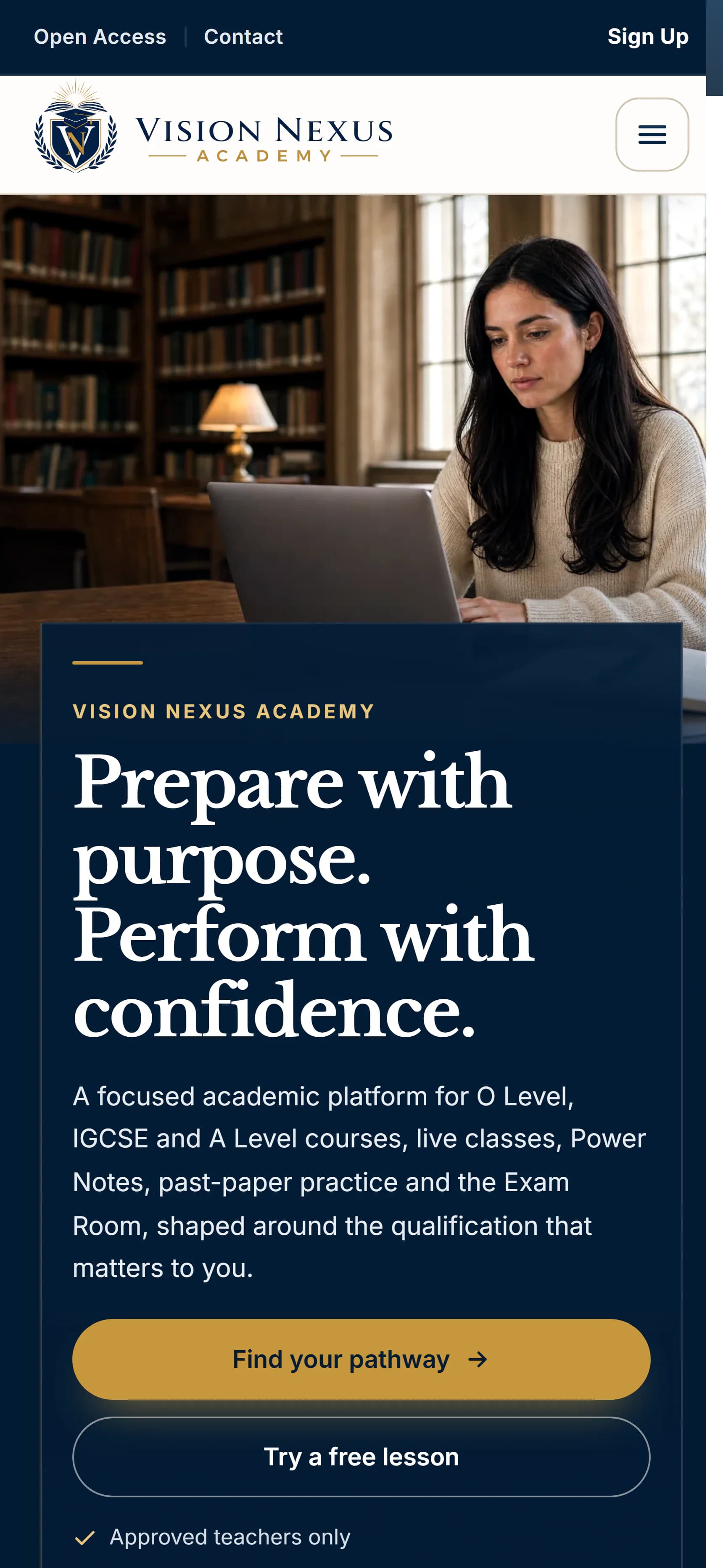 Vision Nexus Academy homepage at the mobile reference viewport.