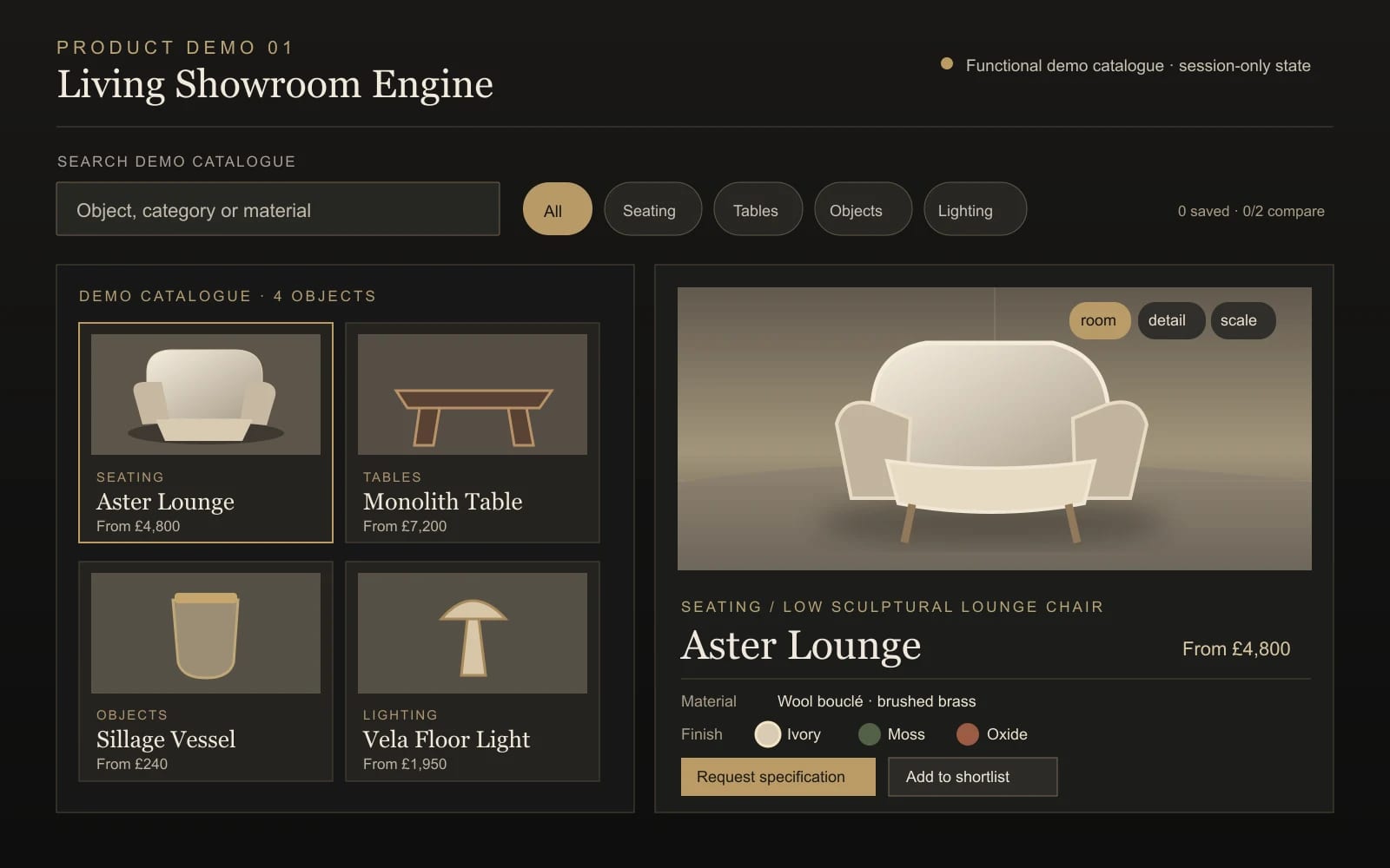 Living Showroom interface with searchable catalogue, category filters, product views and finish choices.