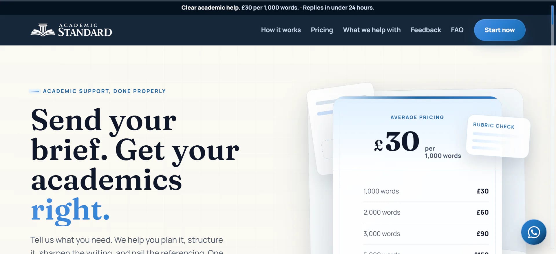 Academic Standard homepage, bright cream, navy and blue academic-support layout.