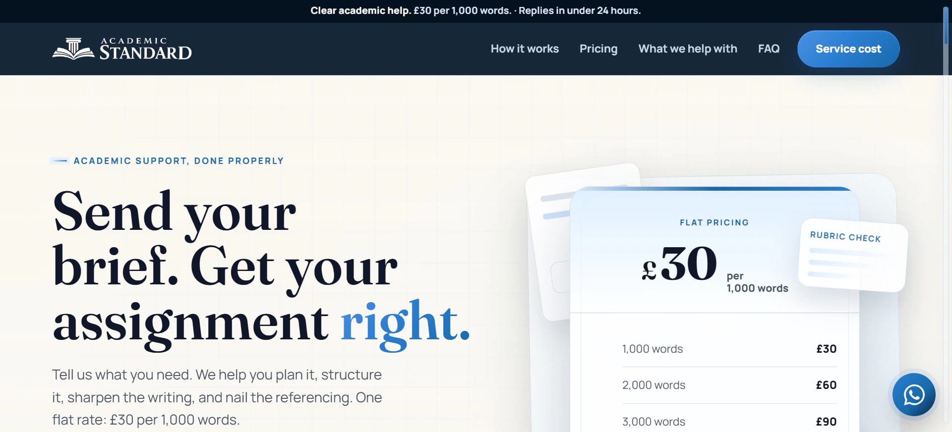 Academic Standard homepage, bright cream, navy and blue academic-support layout.