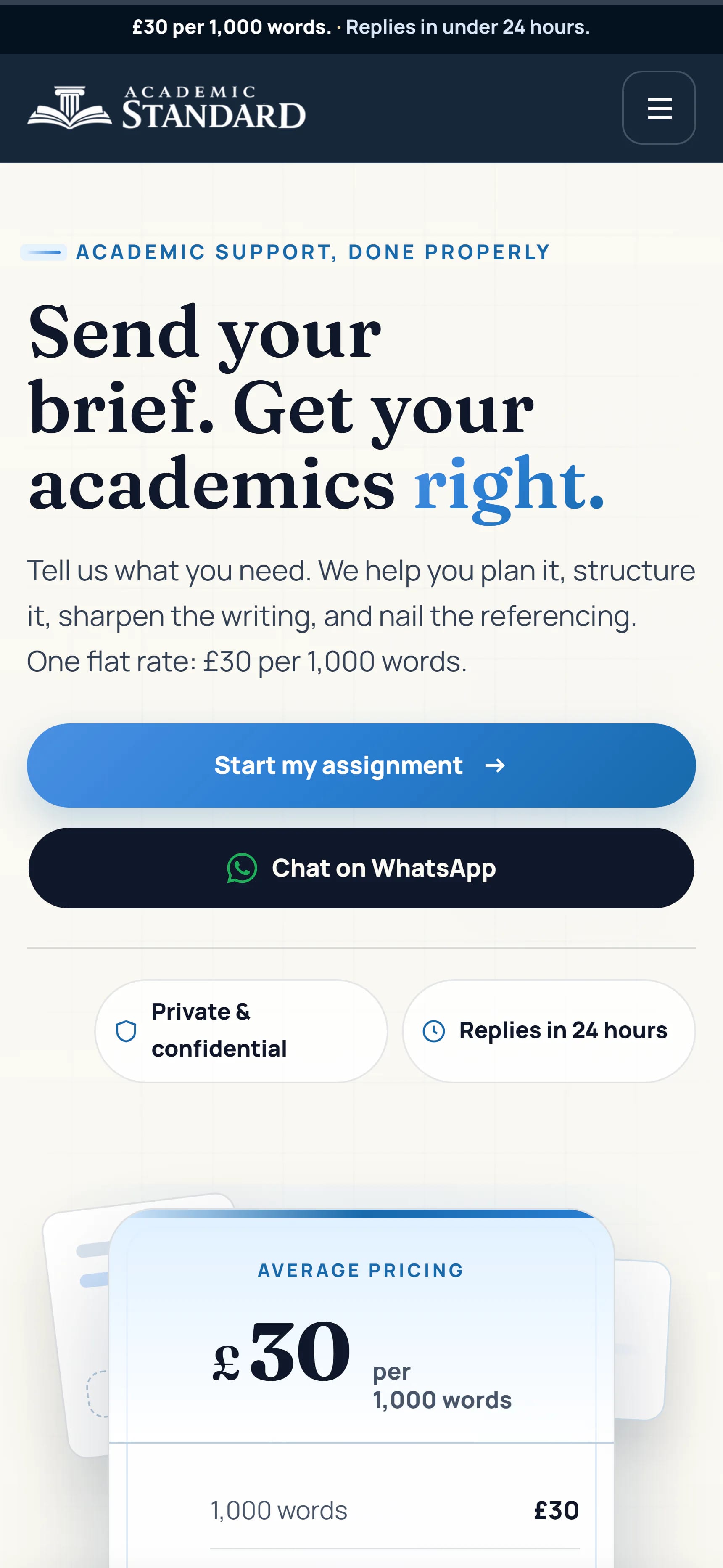 Academic Standard bright homepage at the mobile reference viewport.