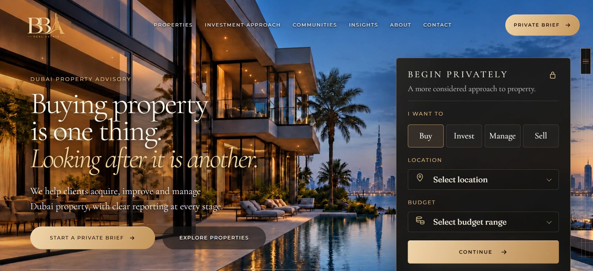 BBA Real Estate homepage, property and investment management website.
