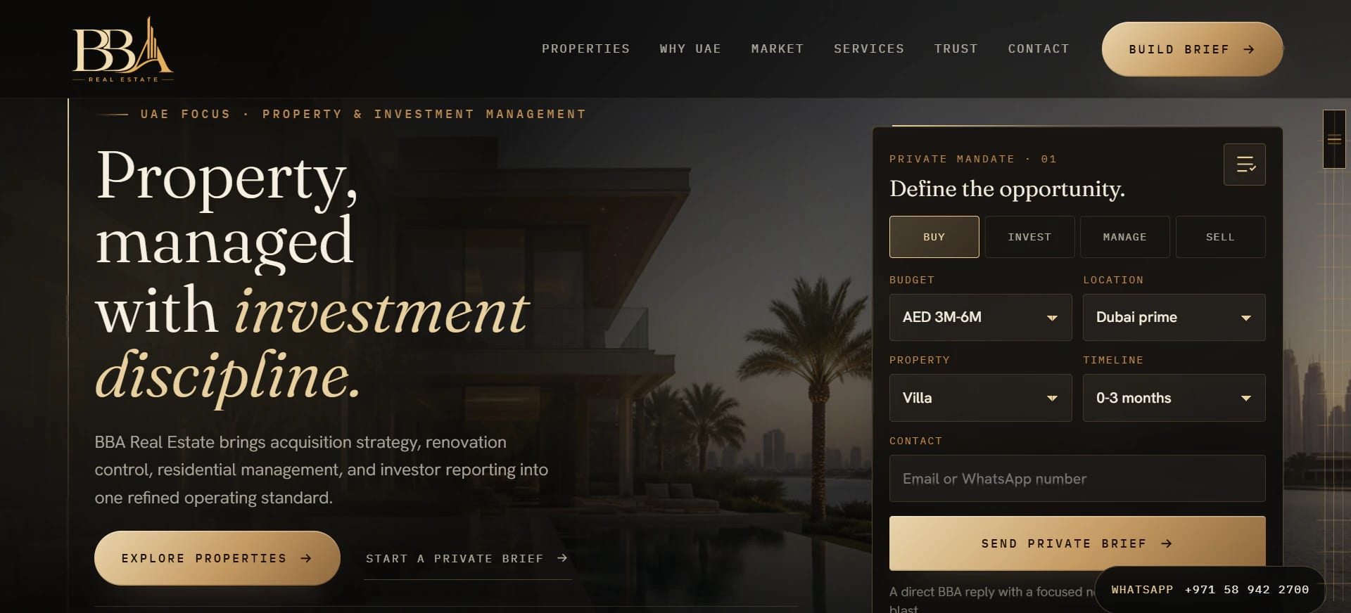 BBA Real Estate homepage, property and investment management website.