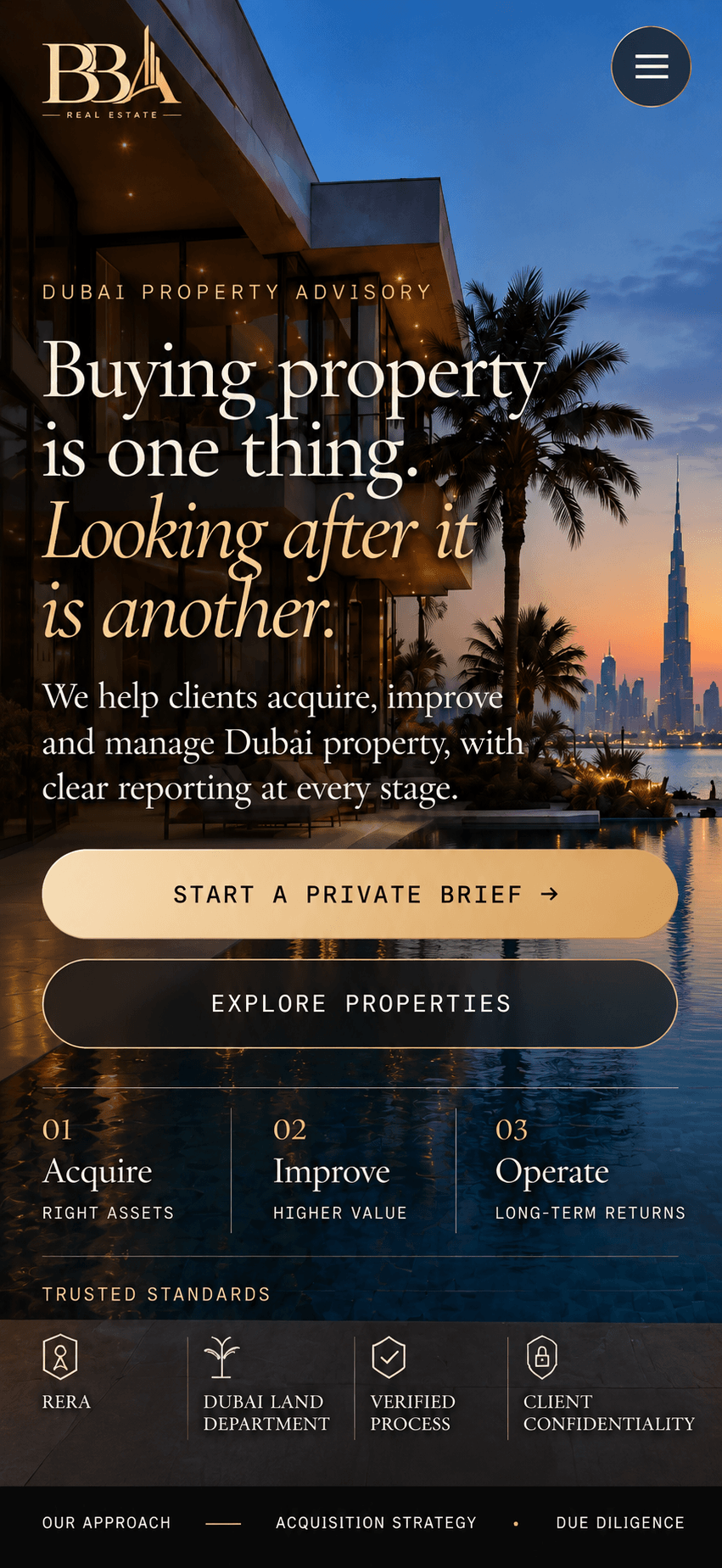 BBA Real Estate homepage at the mobile reference viewport.
