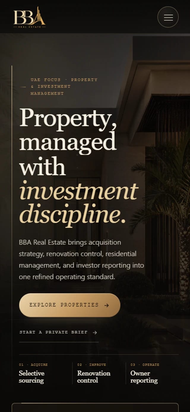 BBA Real Estate homepage at the mobile reference viewport.