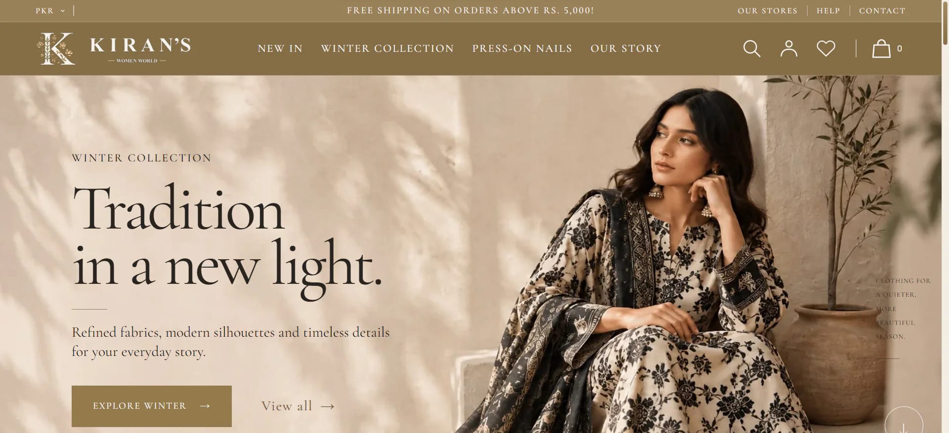 Kiran’s Women World fashion storefront homepage with collection imagery.