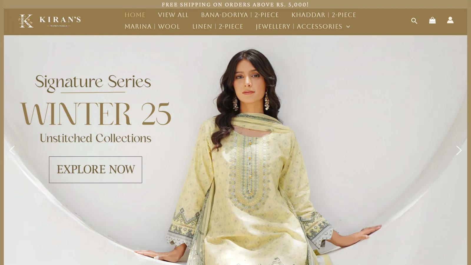 Kiran’s Women World fashion storefront homepage with collection imagery.