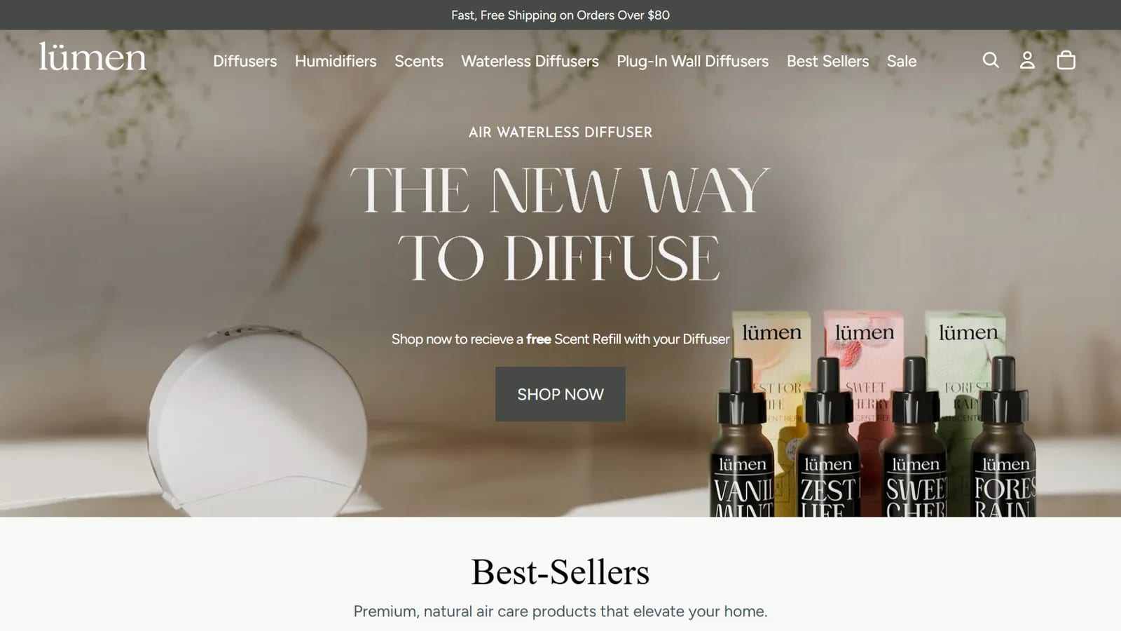 Lumen air purifier storefront, minimal premium ecommerce layout.