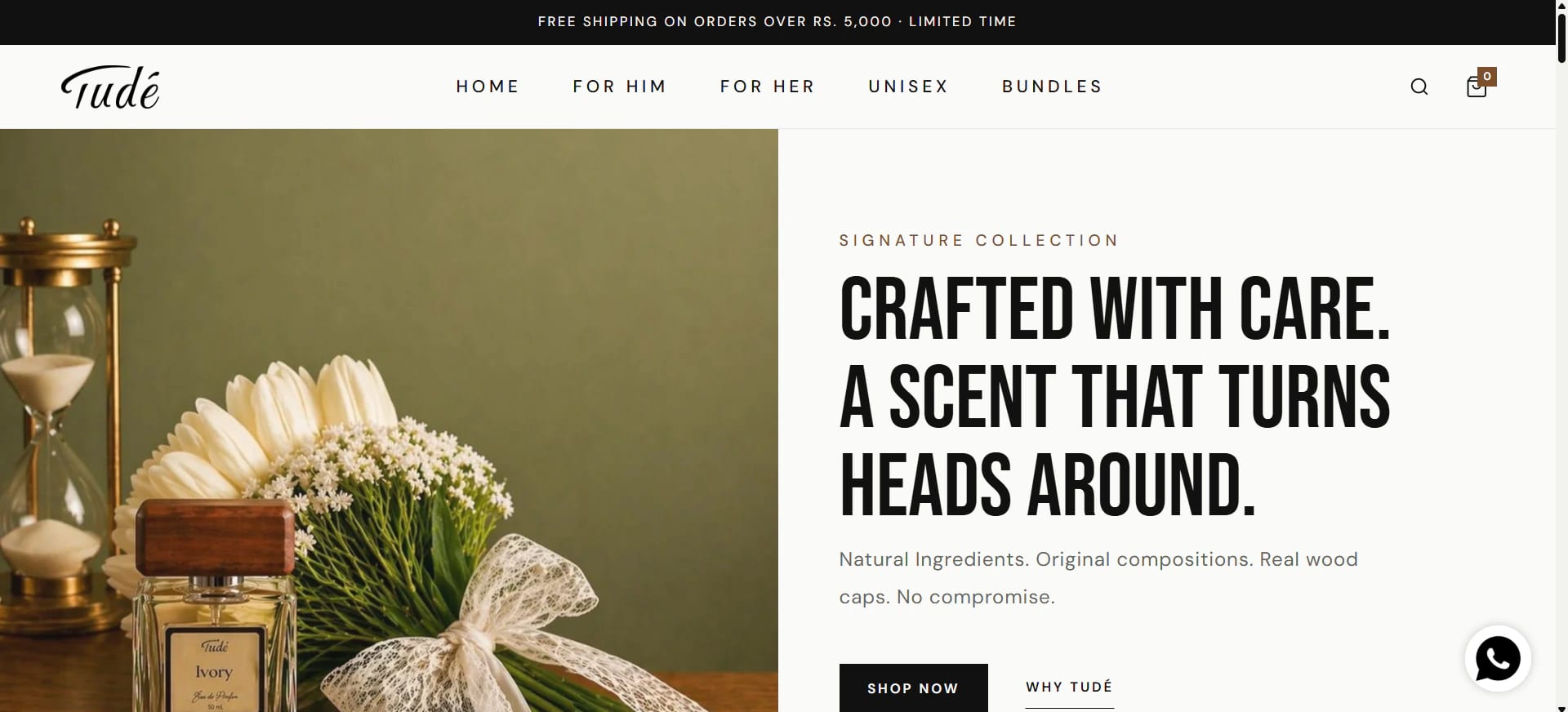 Tudé Fragrance storefront homepage, amber-on-cream luxury perfume layout.