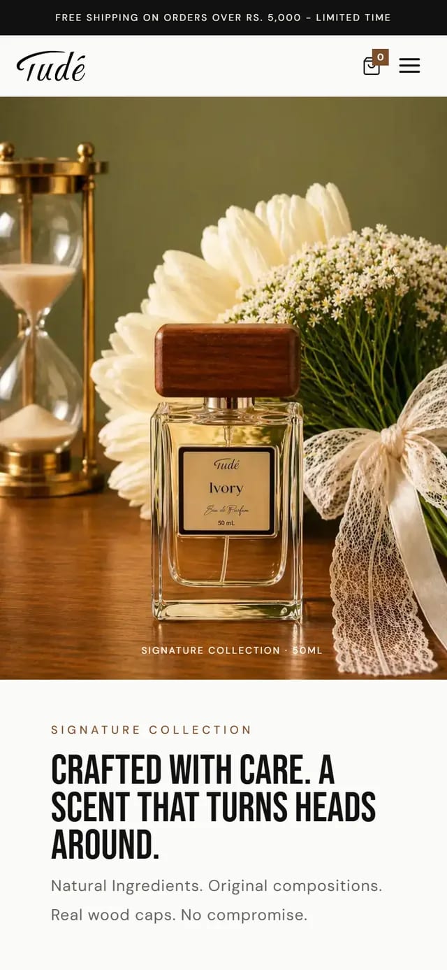 Tudé Fragrance storefront homepage at the mobile reference viewport.
