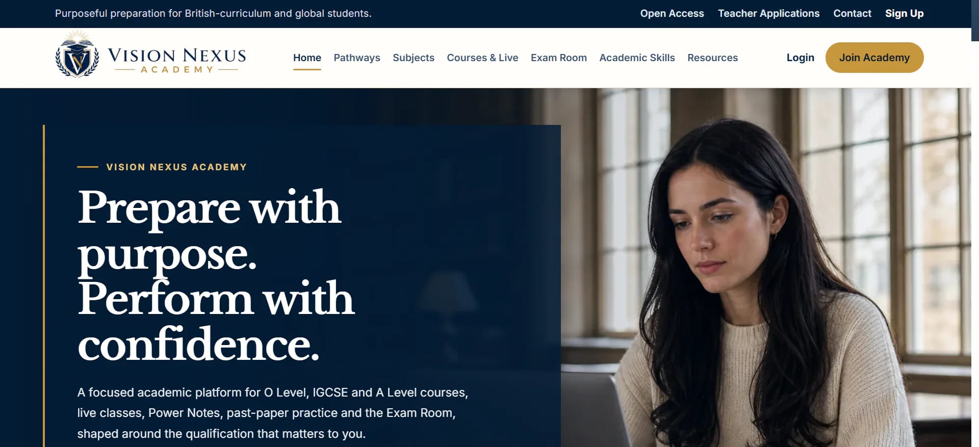 Vision Nexus Academy homepage, calm editorial education platform.