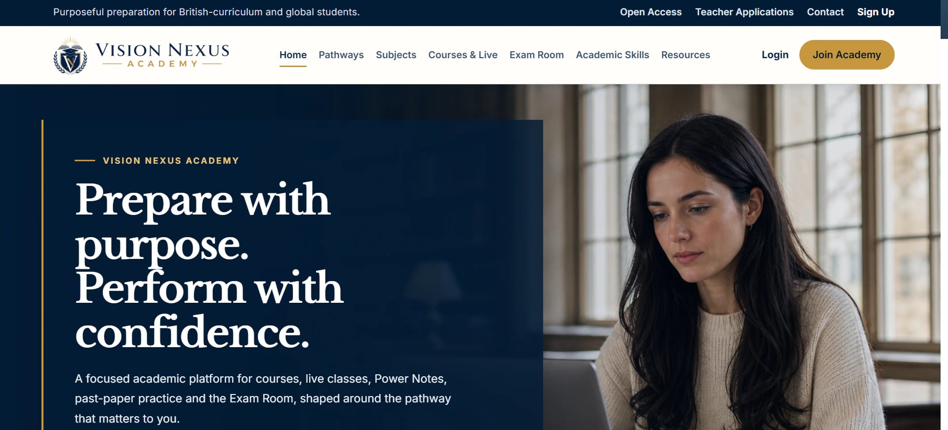 Vision Nexus Academy homepage, calm editorial education platform.