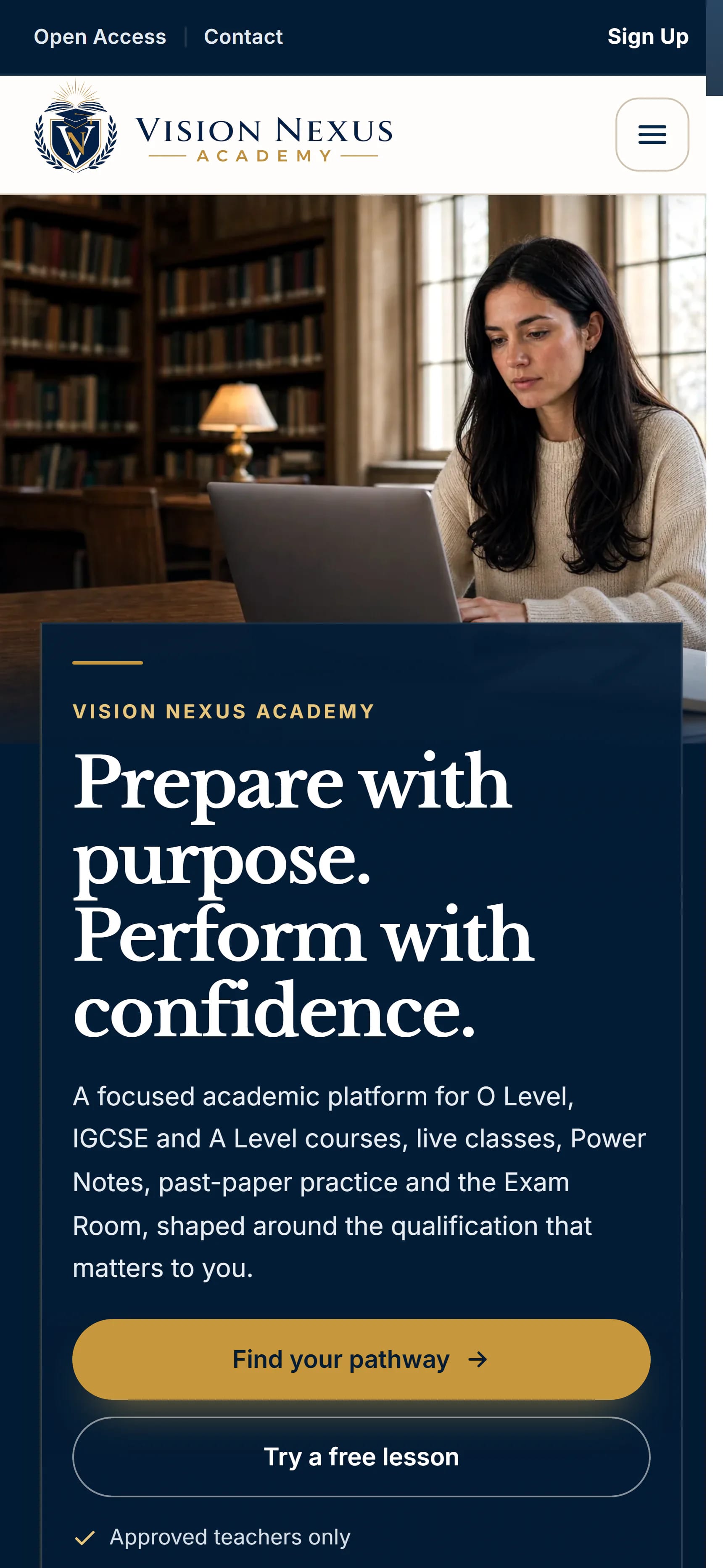 Vision Nexus Academy homepage at the mobile reference viewport.