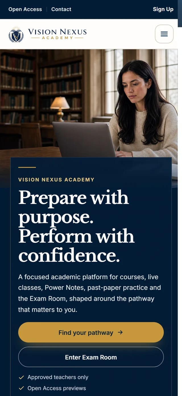 Vision Nexus Academy homepage at the mobile reference viewport.