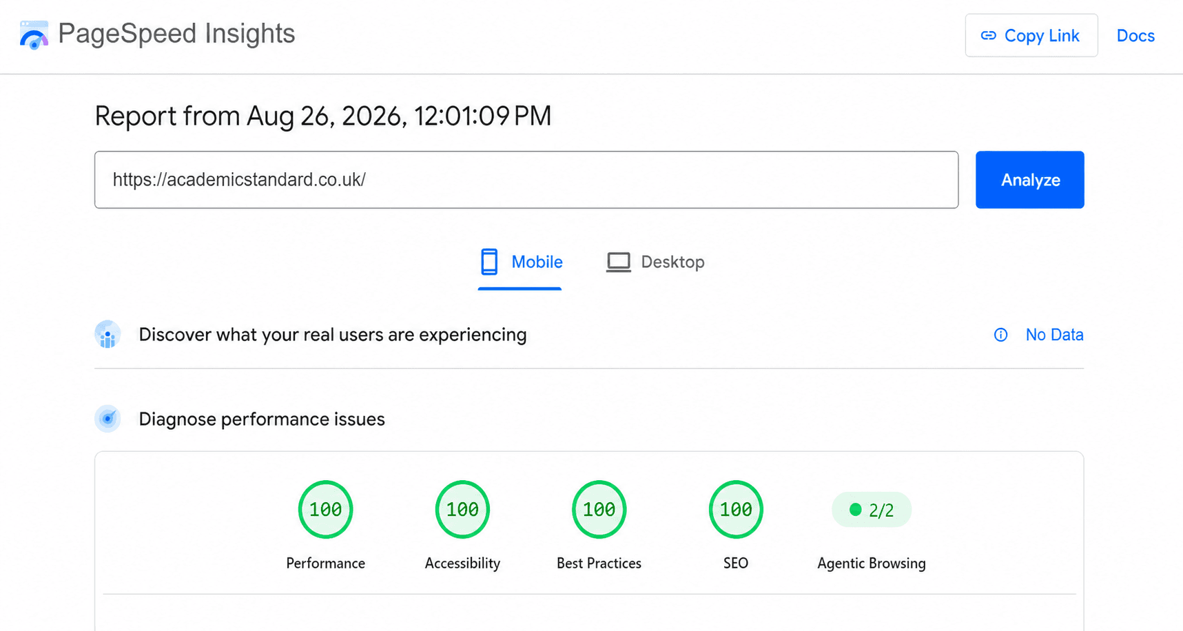 Google PageSpeed Insights mobile report for Academic Standard showing scores of 100 for Performance, Accessibility, Best Practices and SEO.