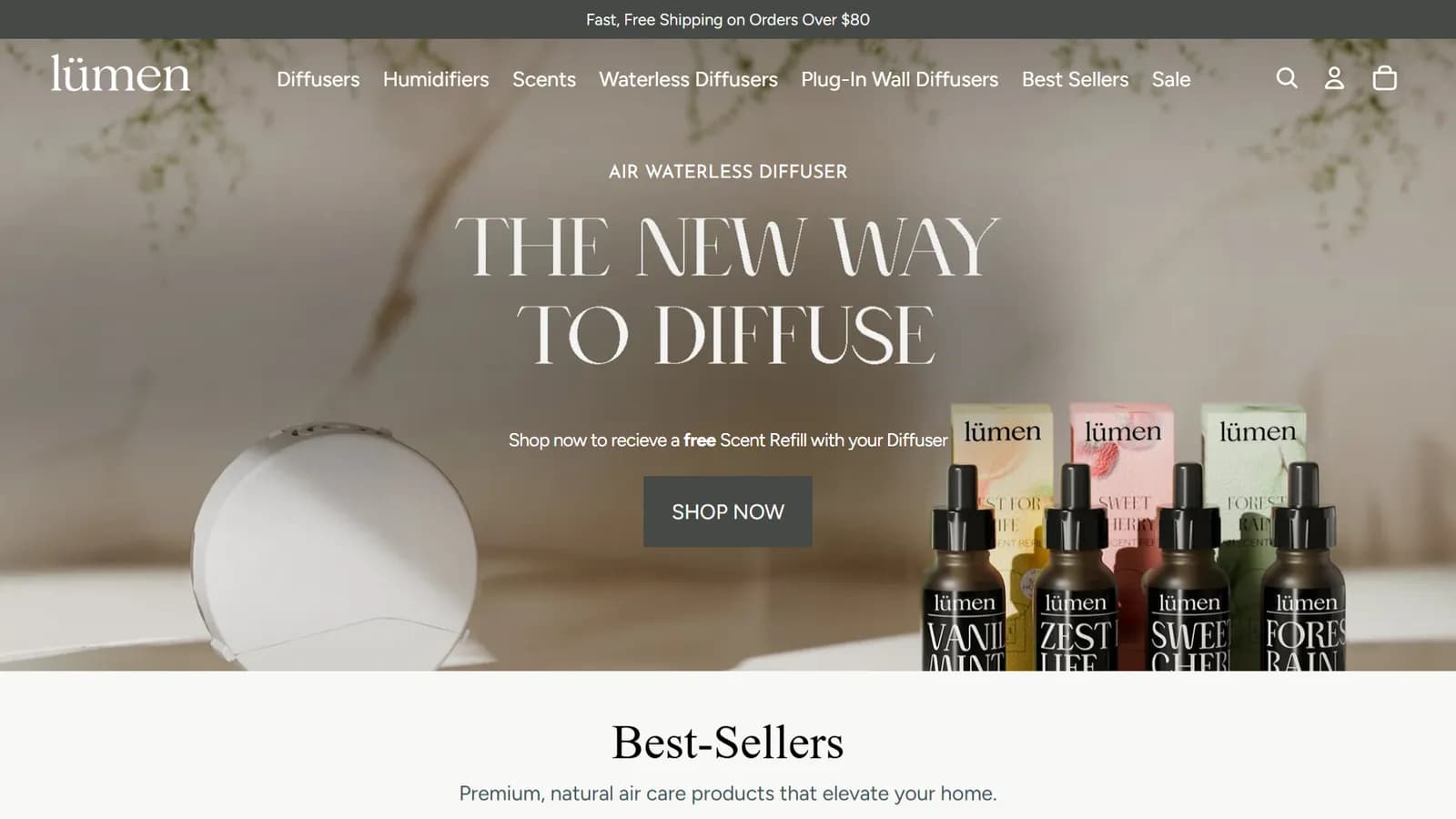 Lumen air purifier storefront, minimal premium ecommerce layout.