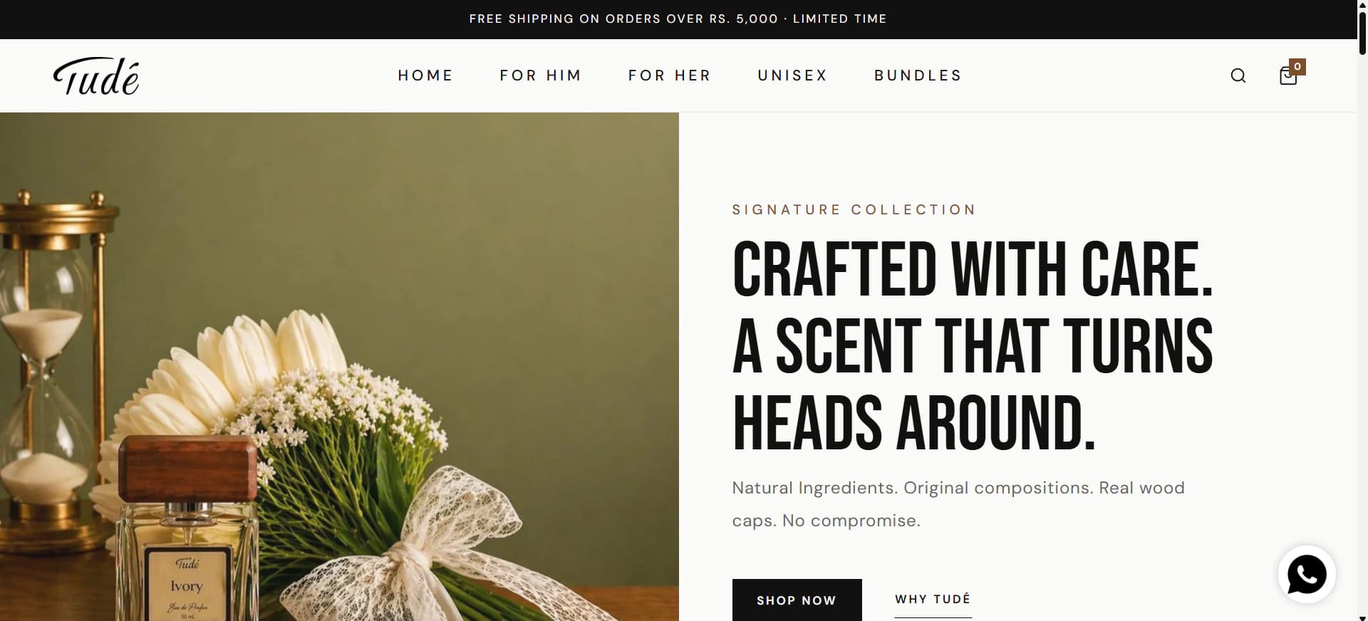 Tudé Fragrance storefront homepage, amber-on-cream luxury perfume layout.