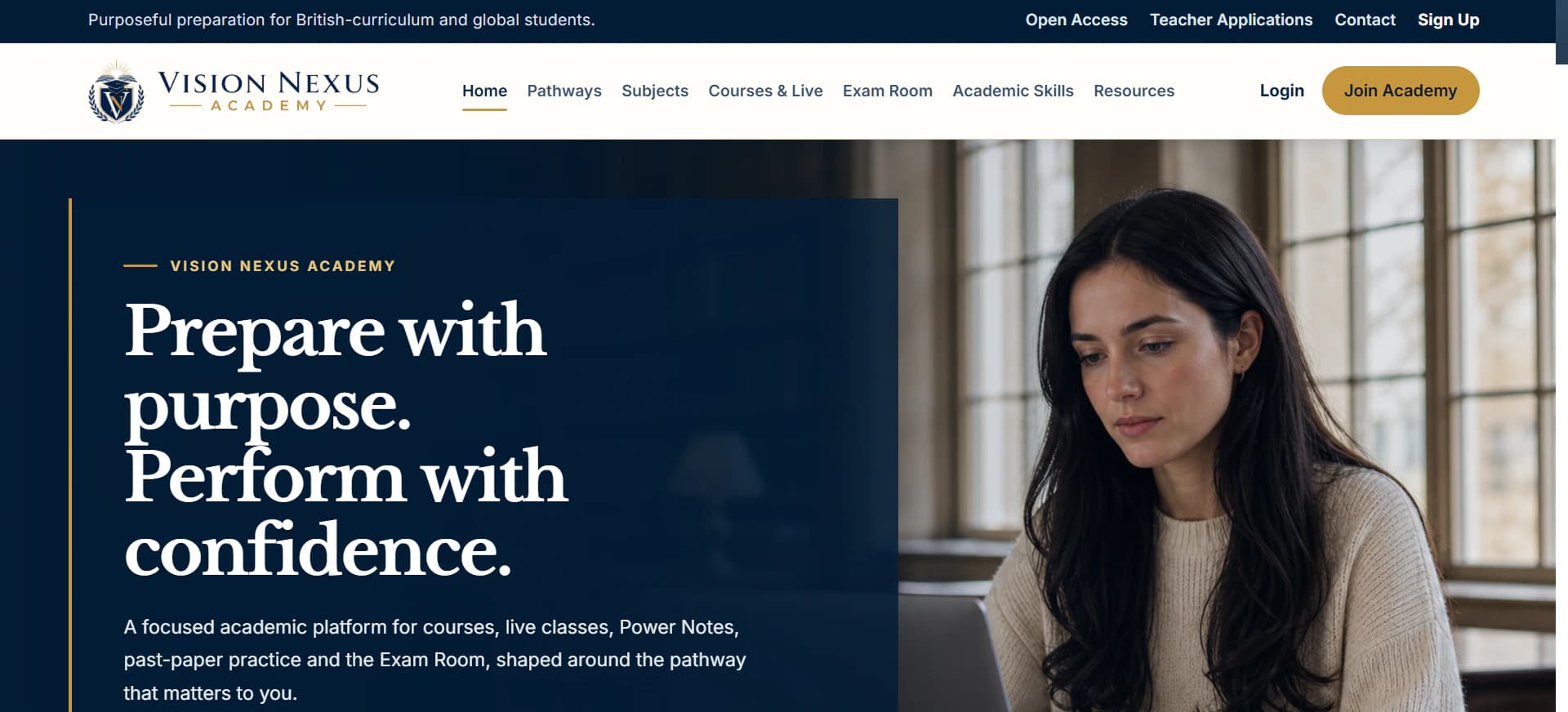 Vision Nexus Academy homepage, calm editorial education platform.