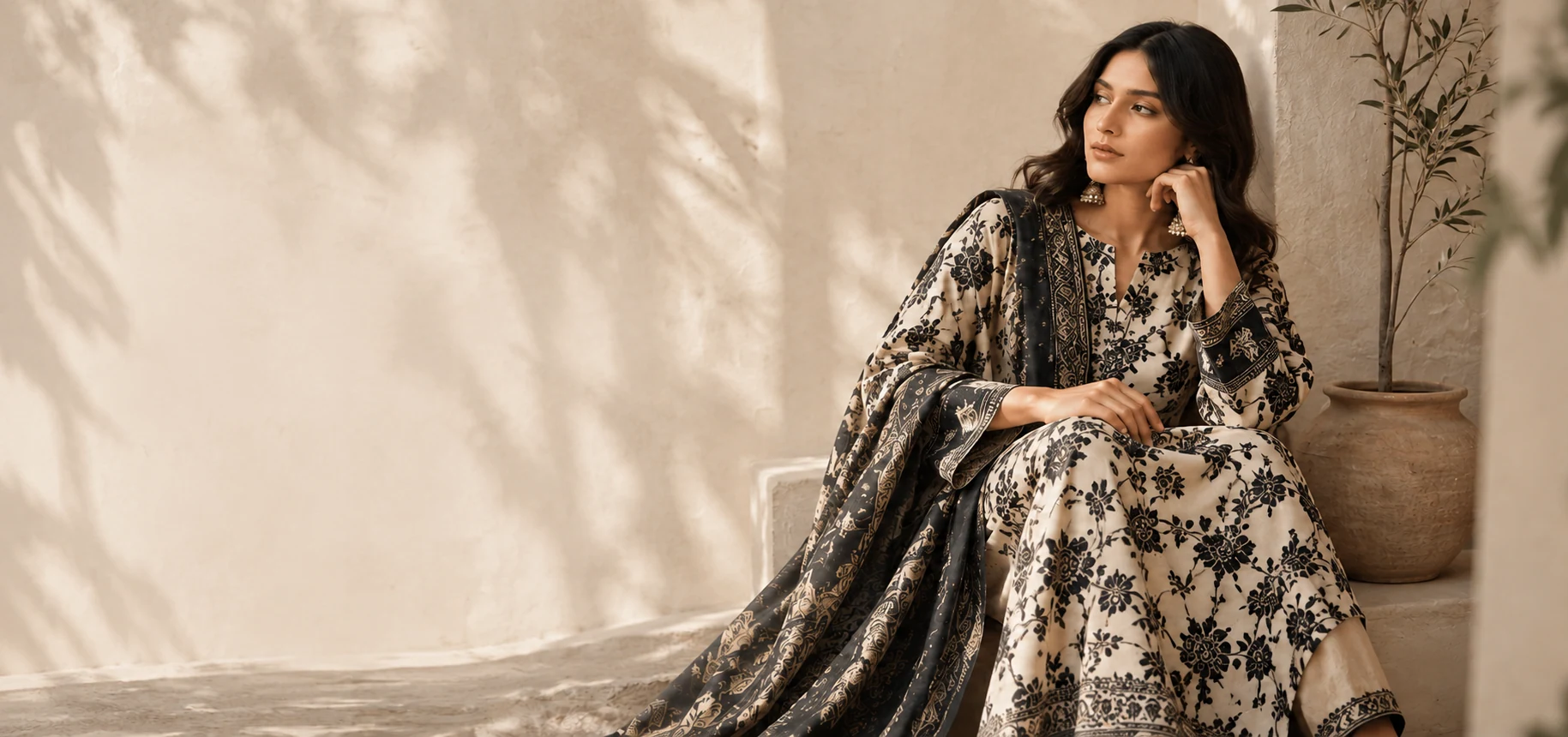 Kiran’s Women World website hero showing a woman in embroidered ivory and black attire.