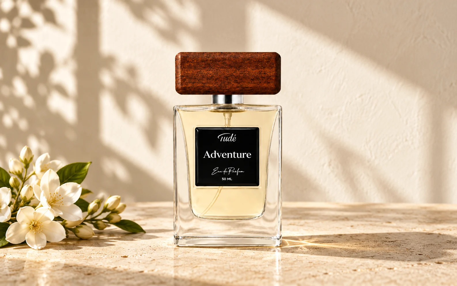 Tude Adventure fragrance bottle in a warm, sunlit product setting.